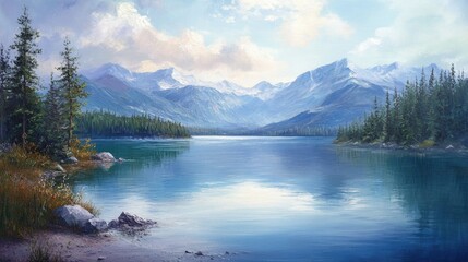 Oil painting depicting a serene lake with a stunning mountain range in the background showcasing natural beauty and tranquil scenery