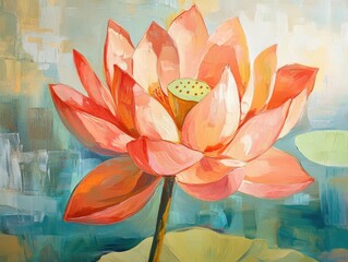 Oil painting depicting a vibrant lotus flower