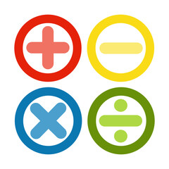 Colorful math symbol sign. Addition subtraction, multiplication, division. Education, school learning concept. Flat vector design isolated illustration.