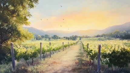 Obraz premium Oil painting capturing a fresh and crisp vineyard atmosphere at sunrise where soft bird chirping and rustling leaves create a serene and refreshing ambiance
