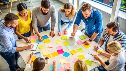 Group of people brainstorming around a table covered with sticky notes and sketches, collaboration, creative business solutions