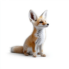 A cute and small fennec fox with large ears, sitting attentively on a plain white background, looking curious.