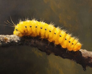 Close up oil painting of a yellow caterpillar with fine hairs resting on a branch