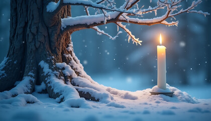 Winter tree, candel, leaf on blur snow background