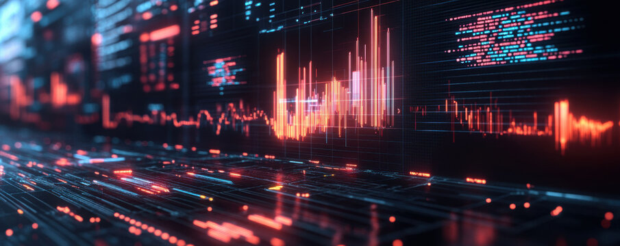Futuristic digital interface displaying red data graphs and analytics in a virtual space, representing technology, finance, and data science.