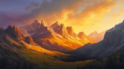 Naklejka premium Oil painting showcasing a captivating mountain landscape with a warm golden glow at sunset illuminating the majestic peaks creating a mesmerizing natural scene