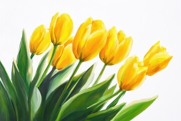 Obraz premium Oil painting of vibrant yellow tulips with green leaves isolated on a white background representing spring flowers and seasonal themes