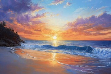 Obraz premium Oil painting showcasing a stunning sunset over a beach scene highlighting vibrant colors and serene coastal beauty
