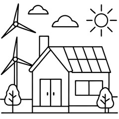 house solar panels wind turbines outline coloring book page line art drawing