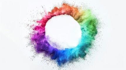 Splash of multicolor powder into circle frame isolated on white 