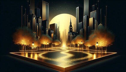 Futuristic Cityscape with Golden River and Full Moon