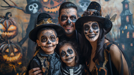 Costume Photo Booth, families posing in front of spooky backgrounds for fun Halloween costume photos, Halloween, with copy space