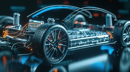 Transparent Outline of a Car with Illuminated Engine and Wheel