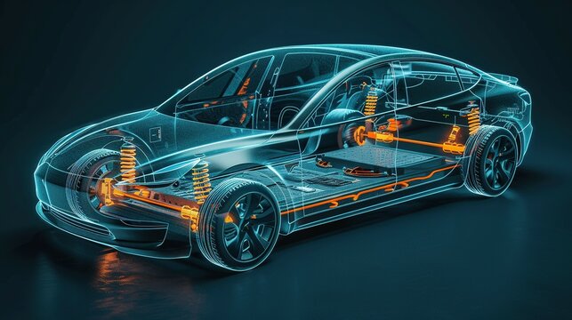 Transparent X-ray View of an Electric Car's Internal Components