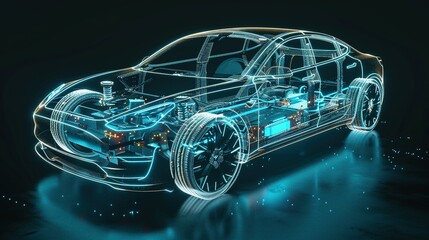 A Detailed Digital Rendering of a Car in a Wireframe Design