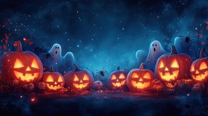 A spooky Halloween scene with glowing jack-o'-lanterns and ghosts.
