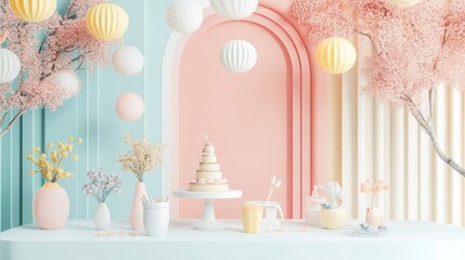 Pastel pink and blue birthday party set with cake, flowers and balloons.