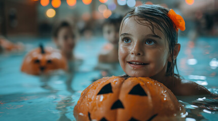 Spooky Swimming Pool Party, children and adults enjoying a Halloween-themed pool party with floating pumpkins and eerie decorations, Halloween, with copy space