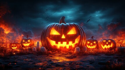 Fototapeta premium Spooky Halloween scene with glowing jack-o'-lanterns and fog.