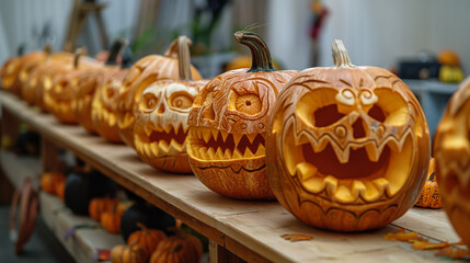 Pumpkin Carving Contest, showcasing creative pumpkin carvings from both kids and adults, Halloween, with copy space