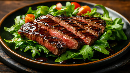 Grilled steak slices with balsamic glaze on a bed of arugula and cherry tomatoes.