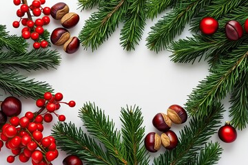 Christmas Decor Ideas with Evergreen Arrangements Chestnuts and Festive Red Berries on White Background