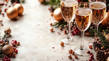Three champagne glasses surrounded by festive decorations.
