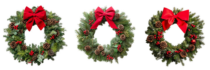 Isolated festive Christmas wreath made of evergreen branches, pinecones, and red berries, with a bright red bow at the top 