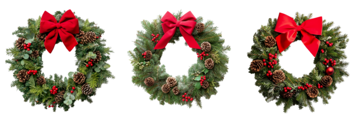 Isolated festive Christmas wreath made of evergreen branches, pinecones, and red berries, with a bright red bow at the top 