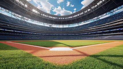 Grand baseball stadium field diamond daylight view, modern public sport building 3D rendering nice background
