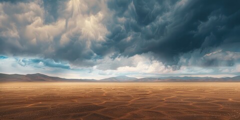 Dark clouds looming over barren, flat desert landscape