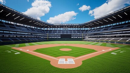 Grand baseball stadium field diamond daylight view, modern public sport building 3D rendering nice background
