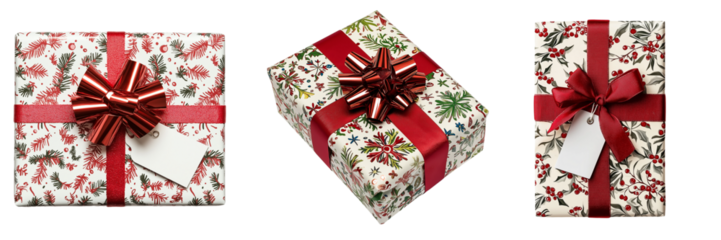A wrapped Christmas gift with a shiny red bow and festive wrapping paper, isolated on a transparent background, with a gift tag attached