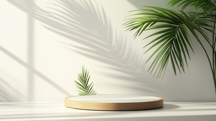 Obraz premium Minimalistic product display with a round wooden pedestal in a bright, sunlit space with palm leaves casting shadows.