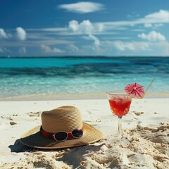 Straw hat with a exotic cocktail and sunglasses on sand beach Straw hat with a exotic cocktail and sunglasses on sand beach - Image #3 @Sanan Ali