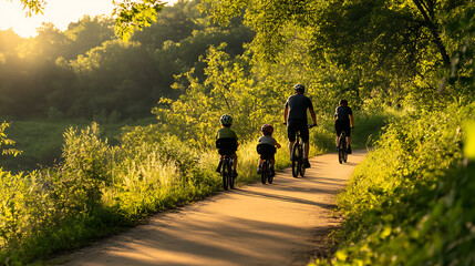 Fototapeta premium A family of four bikes down a path through a lush forest with the setting sun in the background.