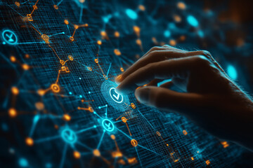 A hand interacting with a futuristic digital interface displaying a glowing network of connections and data nodes