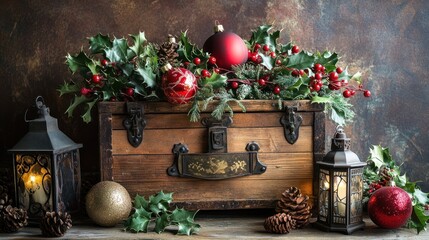 Christmas decor with holly, pine cones, and baubles in a wooden box.