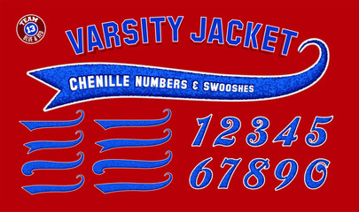 A set of numbers and swooshes in the style of puffy chenille patches on letter jackets, in team colors red, white and blue