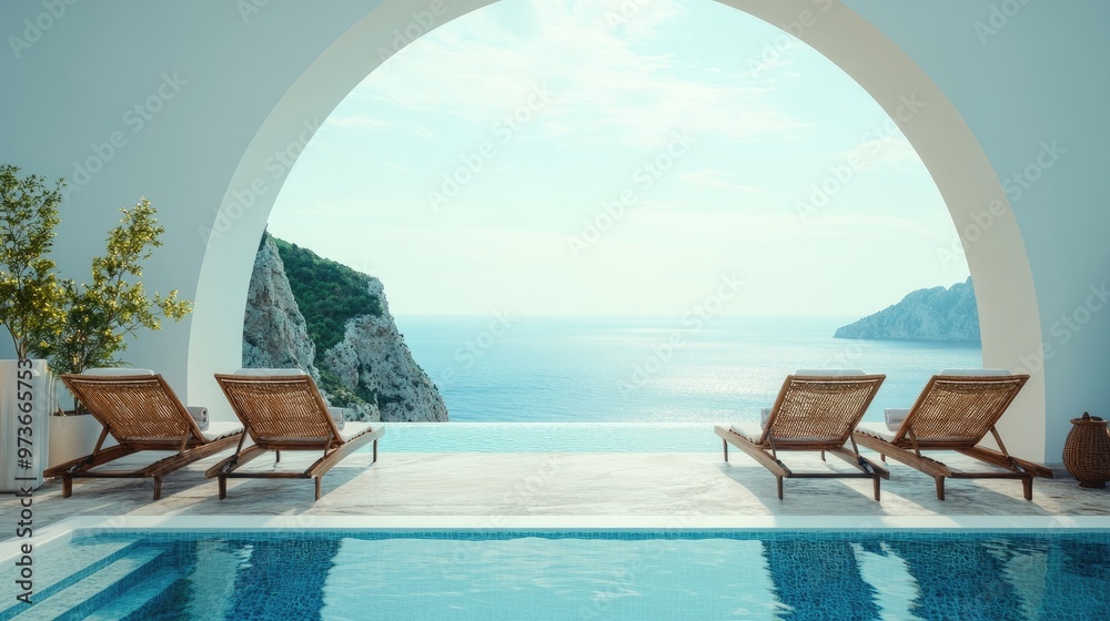 Wall mural two deck chairs on terrace with pool with stunning sea view traditional mediterranean white architec