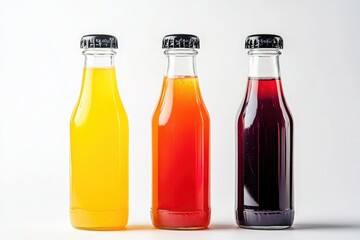 bottles of juice, orange and red-colored juice in the middle bottle with a black cap, yellow liquid on the left side, dark pink on the right side