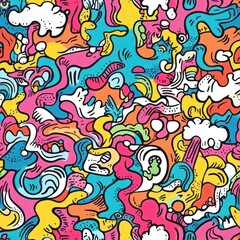 Fototapeta premium Abstract colorful doodle pattern with white clouds, yellow, pink, blue, and green wavy lines.