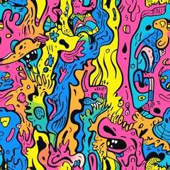 Colorful abstract pattern with cartoon characters.