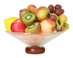 Glass vase with different fresh fruits isolated on white