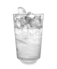Refreshing water with ice in glass isolated on white