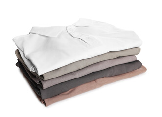 Stack of clean colorful t-shirts isolated on white