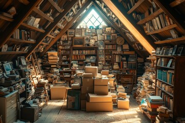 A cluttered attic filled with bulky waste and a wide variety of old, forgotten items. Generative AI