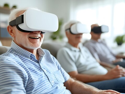 Senior man wearing virtual reality goggles in living room at home with his friends