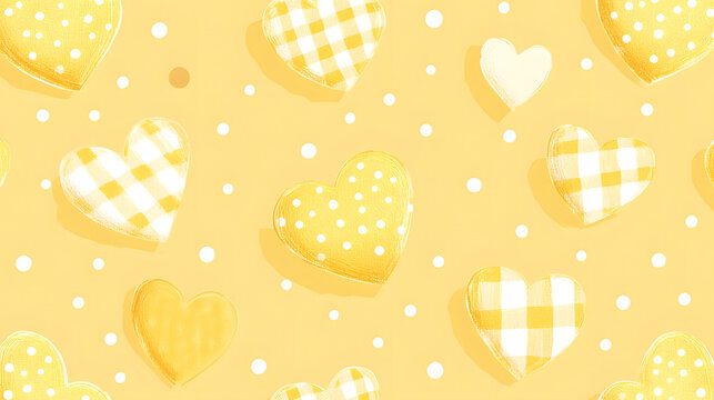 Fototapeta Valentine's day yellow cute polka dots and gingham heart, yellow polka dot background, white and yellow pastel Seamless pattern, flat design. for material, wallpaper and background