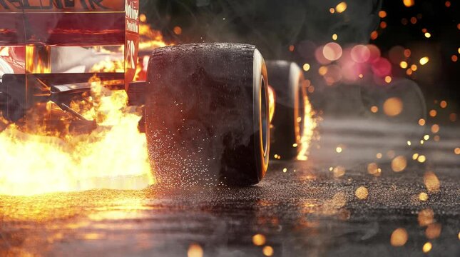 racing cars emitting flames at night inside a racing circuit live wallpaper. Virtual 4K video animation background with looping time lapse with very smooth graphics.